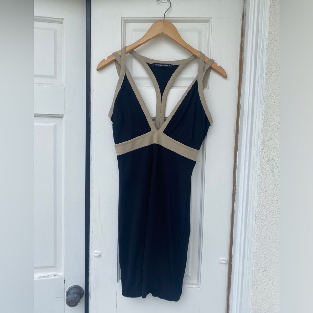Black Plunge Neckline Dress, Beige accent, Size S